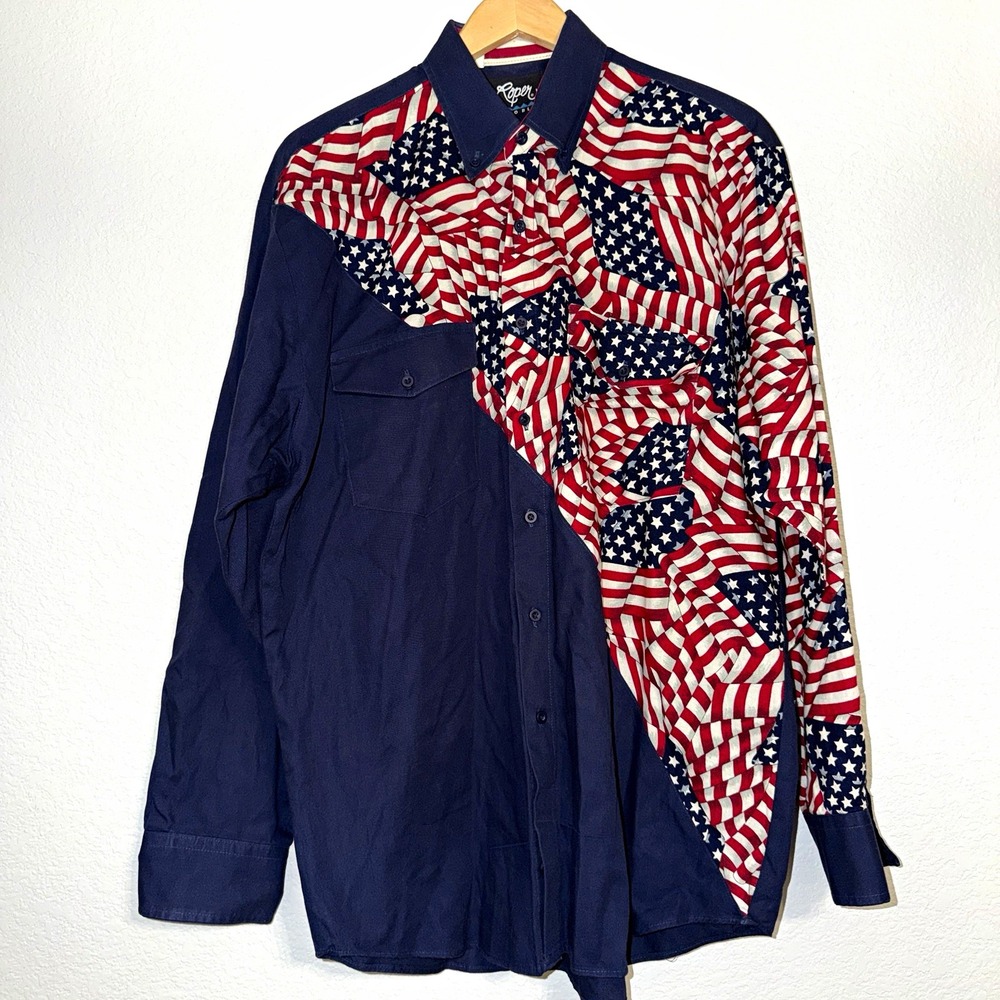Roper Men's L Navy American Flag USA Patriotic Button Front Point Collar Shirt